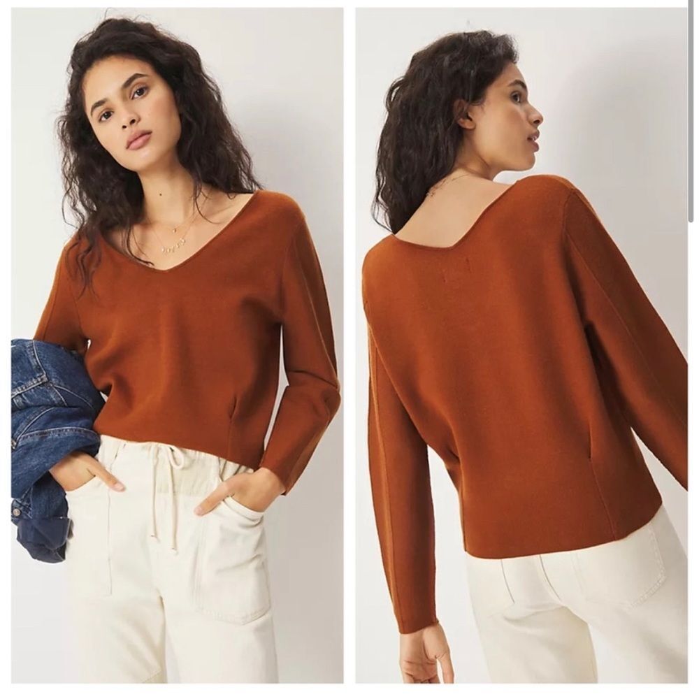 Maeve Anthropologie Lupita V-Neck Sweater Warm Brown M